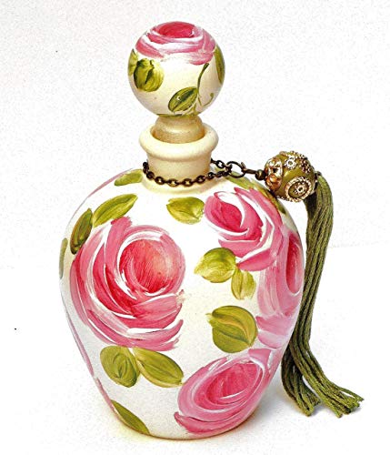Elegant Hand-Painted Ivory Perfume Bottle with Pink Roses and Tassel - Shabby Chic Decorative Bedroom Vanity Decor