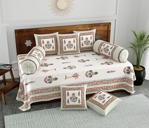 Image of BLOCKS OF INDIA 200TC Diwan Set Cotton 8 Piece | Deewan Printed Bedsheet Sets For Living Room Hall (Set of 8 Piece, 1-Bed Sheet | 2-Bolster Cover | 5-Cushion Cover (Color 26),Multicolour