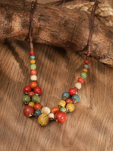 MINACHI Hippie Boho Colorful Ceramic Round Beads Strand Necklace, Bohemian Fashion Statement Jewelry Gift for Women4