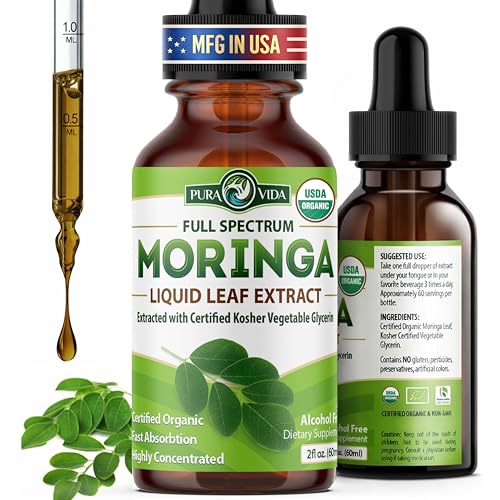 PURA VIDA MORINGA Leaf Extract Liquid Drops - USDA Organic Certified - Highly Purified Bioavailable & Faster Absorption than Moringa Powder or Capsules - Single Origin Moringa Oleifera Leaves Extract