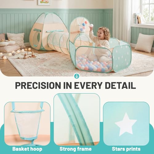 Image of PigPigPen Play Tent for Kids: 3-in-1 Ball Pit with Crawl Tunnel and Princess Tent, Portable Playhouse for Toddlers Boys Girls, Indoor Outdoor Toys Gift Set