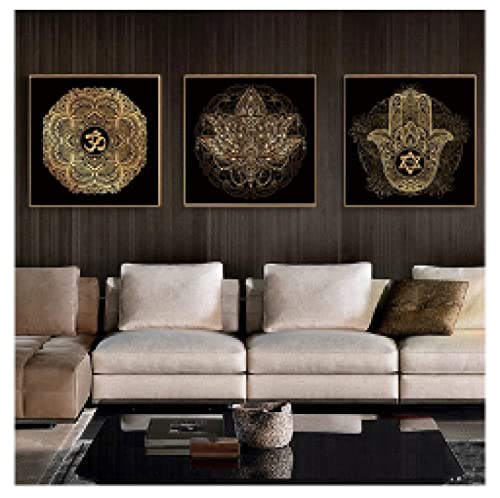 Affiches impressions toile mandala lotus or et noir 70x70cm impermeable pour salon