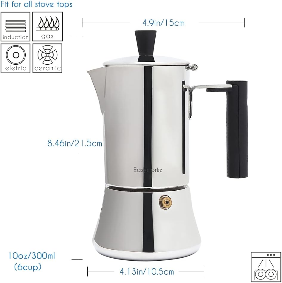 Easyworkz Pedro Stovetop Espresso Maker 300ml, Bundled With Stainless Steel Espresso Cup 2pcs Set Double Wall Insulated Metal Demitasse Cups, 150ml