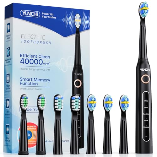 YUNCHI Cepillo de dientes eléctrico, cepillo de dientes sónico recargable con 8 cabezales de cepillo 40000 VPM, temporizador inteligente, 5 modos de limpieza, duran 30 días, cepillos de dientes