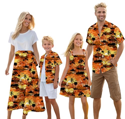 Image of Cromoncent Matching Hawaiian Outfits for Family, Dad and Son Matching Luau Beach Tropical Shirts Mommy Daughter Tropical Sets