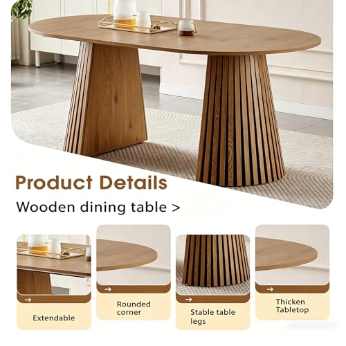 Image of 39.37 inch-70.87 inch Round Extendable Dining Table for 4 6 8, Wooden Expandable Oval Kitchen Table with Slatted Table Legs, Modern Farmhouse Extending Table for Dining Room Living Room Open Kitchen Space