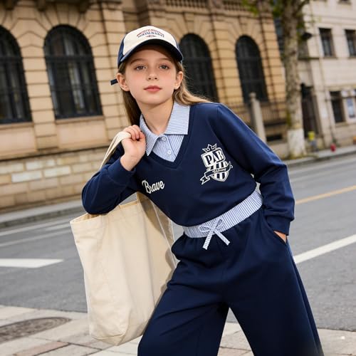 Image of Yoxindax Girls 2-Piece Clothes 2 In 1 Collared V-Neck Sweatshirt Wide Leg Contrast Color Pants Winter 7-14Y Outfits Set