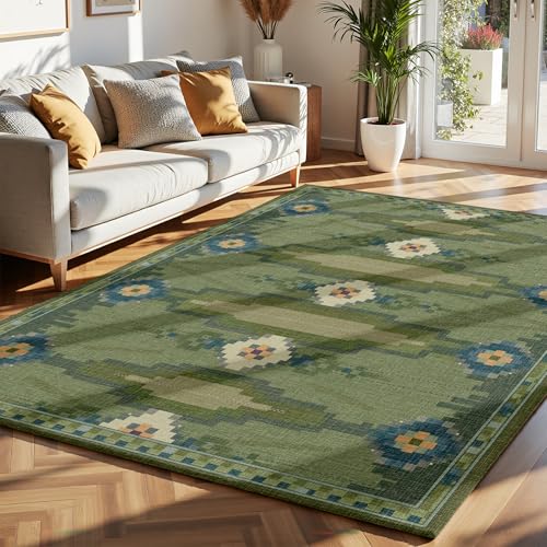Mid Century Modern Olive Green Geometric Floral Rug, 8x10 Machine...