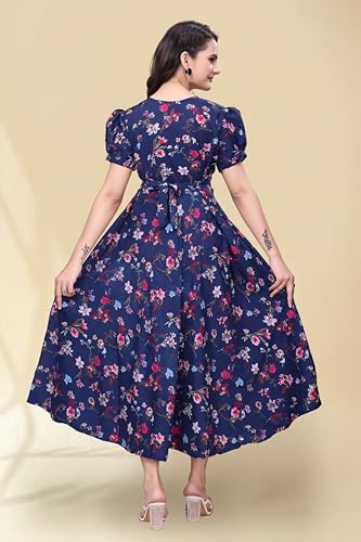 Image of Women's A-Line Crepe Maxi Dress | Stylish Fit and Flare Dress with Round Neck Short Puff Sleeves for Casual Wear
