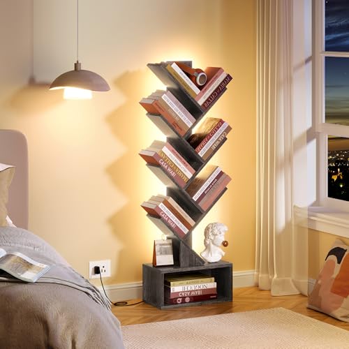 Image of Hoctieon 6 Tier Tree Bookshelf, Tall Bookcase, Freestanding Book Shelf with LED Lights, Display Floor Standing Storage Shelf, Book Organizer Shelves for Home Office, Living Room, Grey