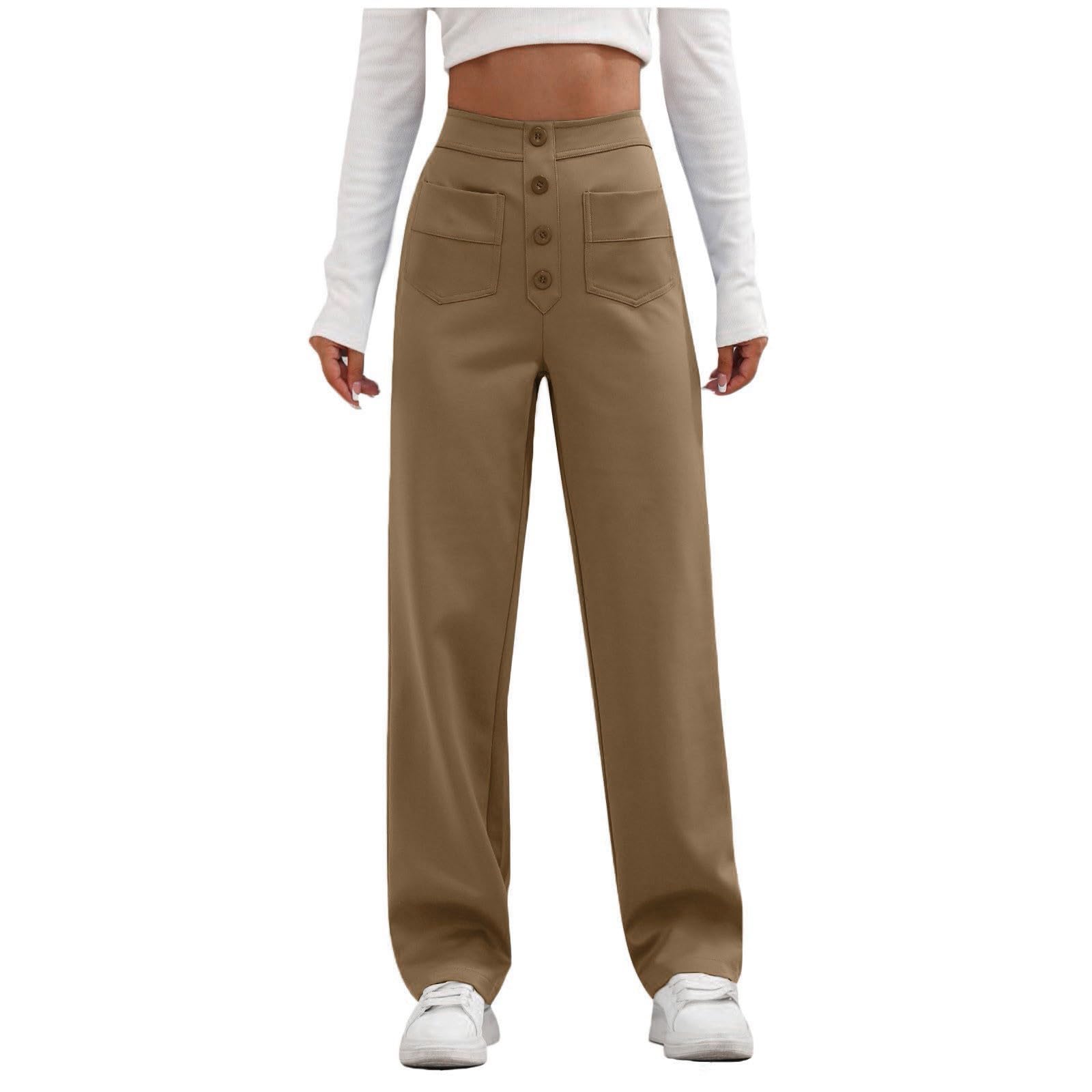Generic Womens Straight Leg Dress Pants Fahion 2024 High Waisted Button Down Stretchy Business Work Trousers with Pockets