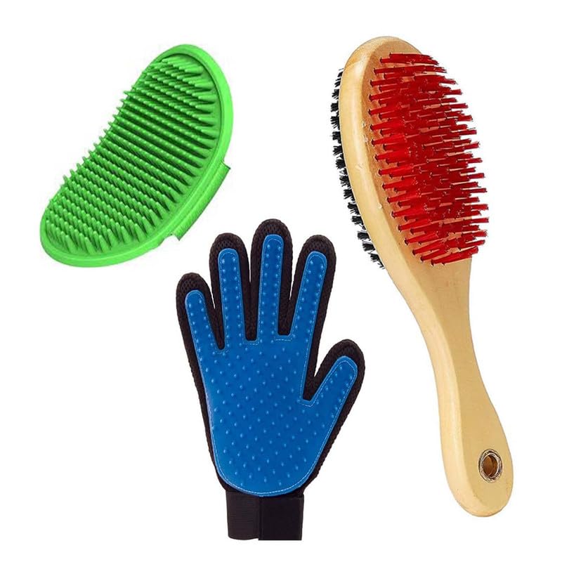Image of Pets Empire 3-in-1 Dog & Cat Grooming Combo - Self-Cleaning Slicker Brush, Silicone Bath Brush & Deshedding Glove | Pet Grooming Kit for All Breeds & Fur Types