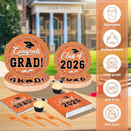 Image of QZYL 50 Set Graduation Supplies 2026, Orange Graduation Plates and Napkins, Disposable Dessert Plates and Plastic Forks, 200Pcs Grad Party Tableware for Wedding, Birthday, Graduation