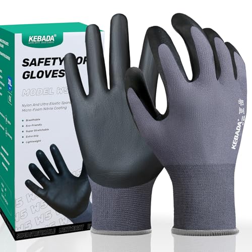 Image of Kebada W5 Foam Nitrile Coated Work Gloves for Men & Women, 12 Pairs | Seamless Nylon Knit, Strong Grip, Safety Gloves for General Purpose, Mechanic Work, Warehouse, Construction & Gardening
