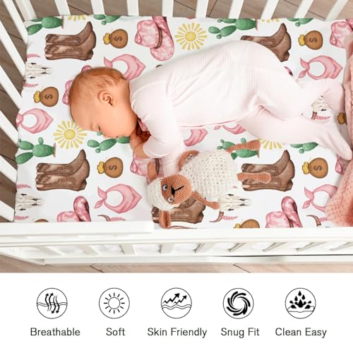 Image of Pink Western Cowgirl Cowboy Fitted Baby Crib Sheet for Boy Girl 52 inchx28 inch Desert Cowboy Hat Boot Sun Cactus Soft Breathable Baby Crib Mattress Bed Sheet Fits Standard Crib and Toddler Mattress
