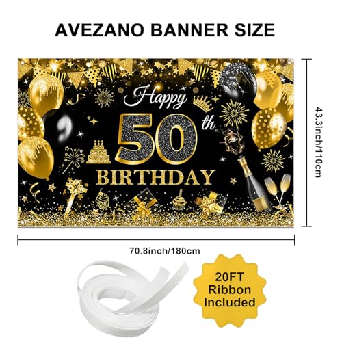 Image of Avezano Happy 50th Birthday Banner for Men Boys Black and Gold Glitter Balloon 50 Birthday Party Backdrop 50 Year Old Bday Photo Backdrop Party Supplies 70.8 x 43.3 Inch