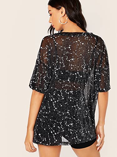Wdirara Women's Sheer See Through Short Sleeve Mesh Top Tee Blouse Black Galaxy M #TOP1