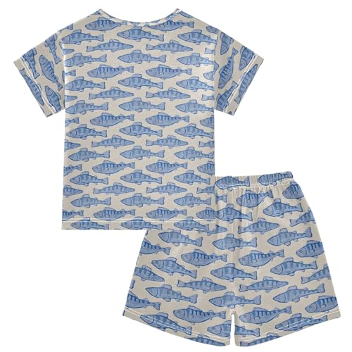 Blue Simple Fish Pattern Summer Cute Pajama Sets, Short Sets for Daily Wears and Sleep Wears2