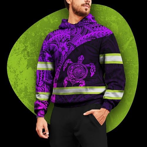 Matedecor High Visibility Hoodie Men Reflective Safety Hoodie Violet Neon Turtle Hawaiian Polynesian Tribal Custom Name Workwear for Worker, Runners, Walkers, Truckers-L 2 - 1