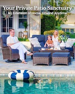 HILLGA Luxury Patio Furniture Set with 6-inch Thick Cushion, Outdoor Couch and High Back Swivel Rocker Patio Chairs, 7PCS Wicker Conversation Set for Deck Yard and Poolside, Blue (V2)