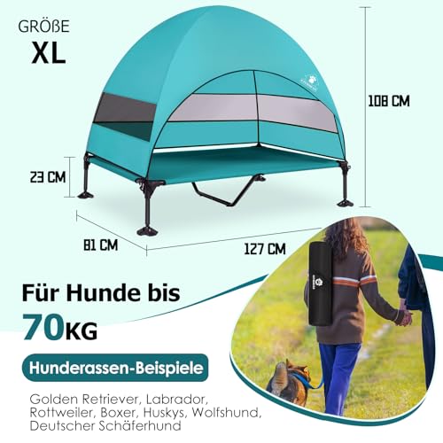 Erhöhtes Hundebett Outdoor mit Dach，Hundeliege Klappbar mit Anti-Rutsch-Füßen, Hundezelt Outdoor mit Großem Schatten, Kühlendes ErhöHtes Hunde Bett für Camping, Garten, Strand & Pool