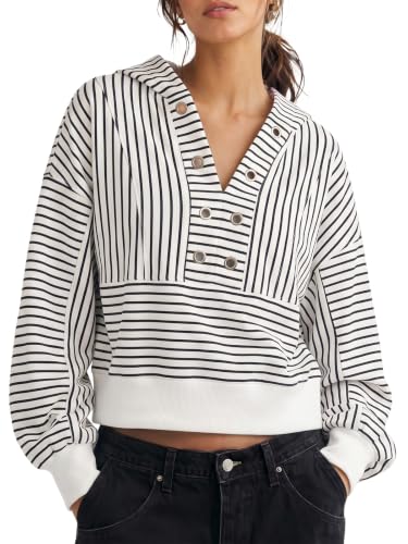Fisoew Womens Cropped Hoodies V Neck Oversized Sweatshirts Pullover Tops