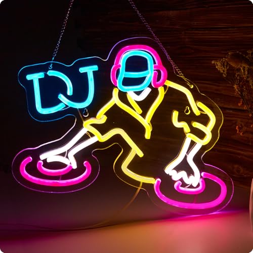 Image of DJ Neon Sign for wall decor Teen Room Decor Gifts for Birthday Kids Room Art Decor Boys Playroom Bedroom Decor(16.3x12.2 in)