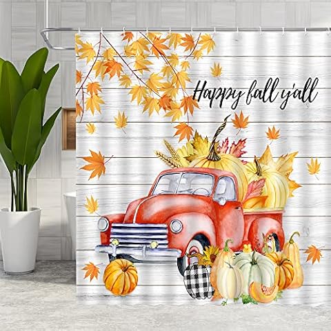 MUENKKCS Fall Pumpkin Shower Curtain Farm Truck Maple Rustic Wood Thanksgiving Fun Buffalo Plaid Pumpkin Country Western Farmhouse Bathroom Decor Curtains with Hooks Cover
