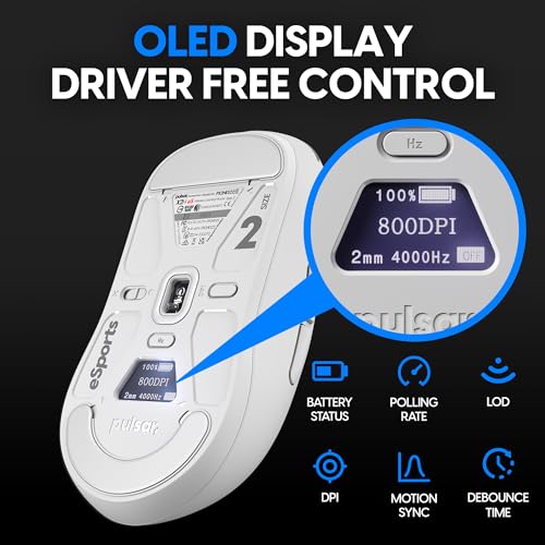 Image of Pulsar Gaming Gears - X2H eS Wireless Gaming Mouse, Limited Edition, Symmetrical, Optical Switch, OLED Display, Driverless, PAW3395 Sensor, 100H Battery, 4K dongle Included (Medium, White)