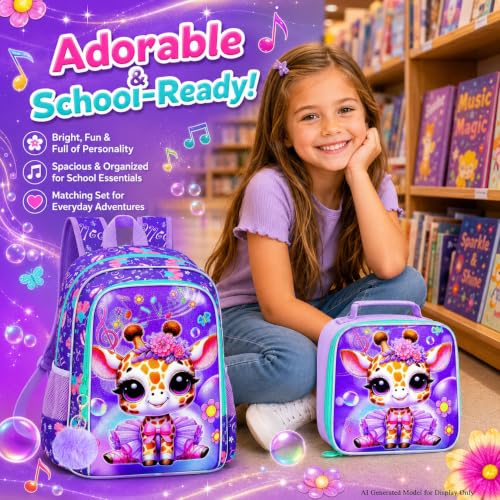 Image of CCJPX 3PCS Kids Backpack for Girls,16 inch Ballet Giraffe Preschool Backpacks with Lunch Bag, Cute Water Resistant Kindergarten School Bookbag for Elementary Kids Teen Travel