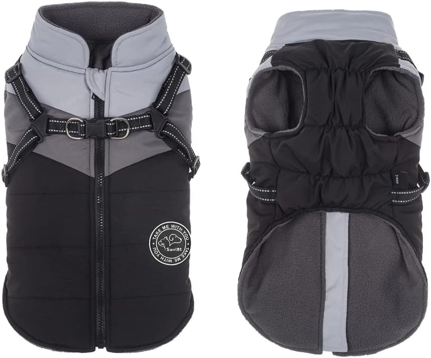 Savlot Wasserdichter Hundemantel Winter Warme Jacke Winddichte Haustierkleidung Hundejacke Outfit für kleine mittelgroße Hunde mit Geschirr Reflektierende Hundemäntel XS
