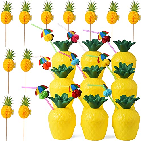 ALINK 12 Pineapple Cups with 12 Umbrella Straws and 12 Cocktail D...