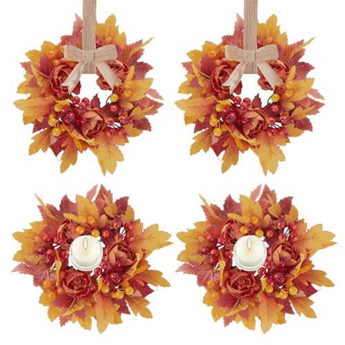 Tupetcs 4 Pack Mini Fall Wreath, 9.8 inch Small Autumn Maple Leaves Wreath for Home Front Door Porch Table Centerpieces Candle Rings Wall Window Cabinets Farmhouse Decorations