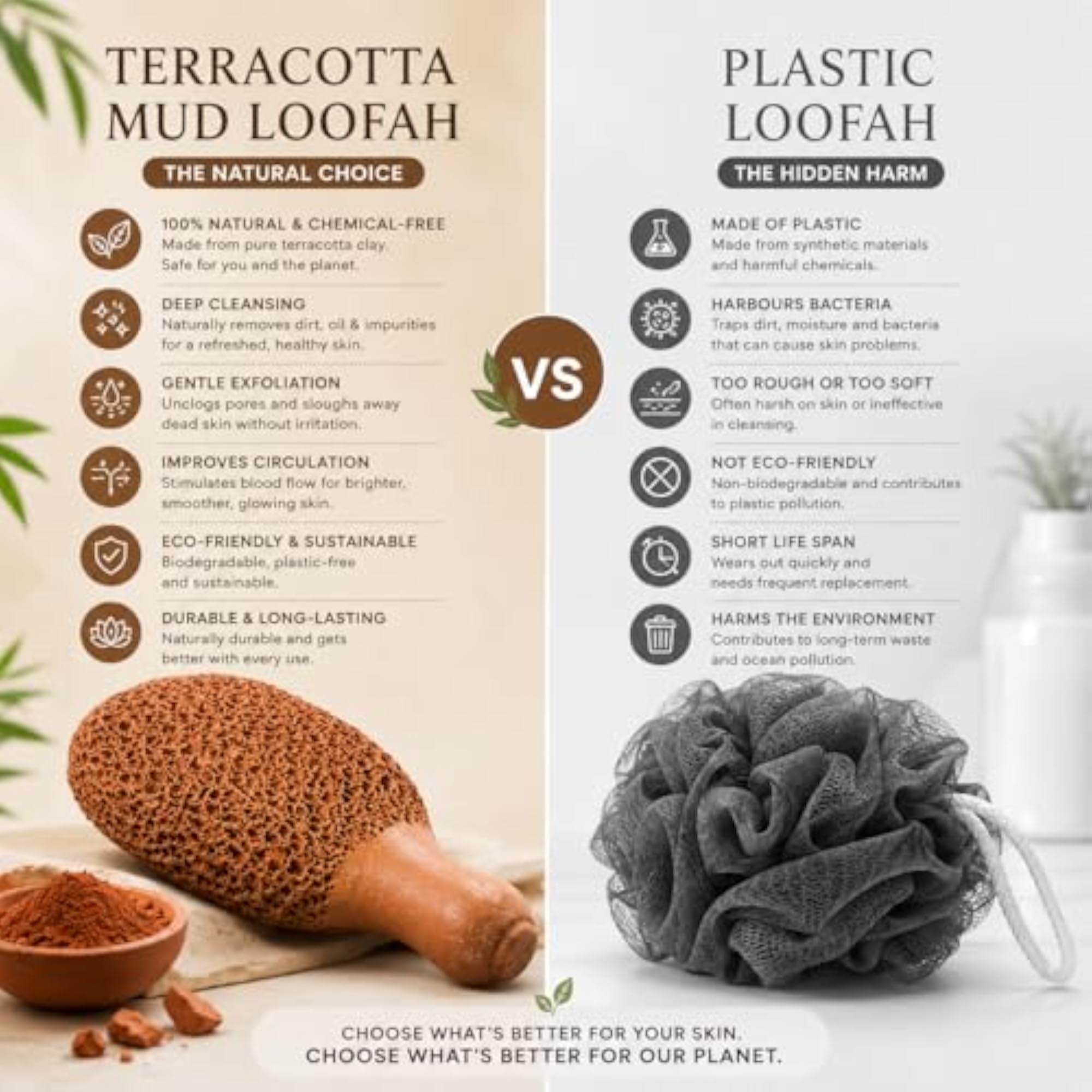 Terracotta Mud Loofah with Handle, Natural Exfoliating Scrubber