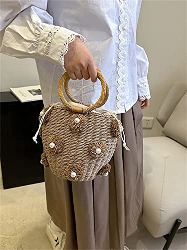Image of Summer Straw Bag for Women Pearl Flower Bucket Tote Bag Diamond Handbag Hand Woven Rattan Shell Purse Drawstring