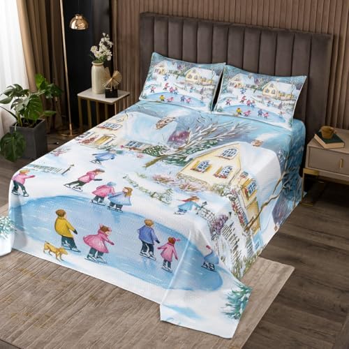 Erosebridal Winter Ski Queen Quilt Bedding Set,Winter Snow Bedspread Xmas Gifts for Kids Girls Boys Cute Christmas Home Decor,Skiing Themed Quilts Bed Set Rustic Country Coverlet 3Pcs