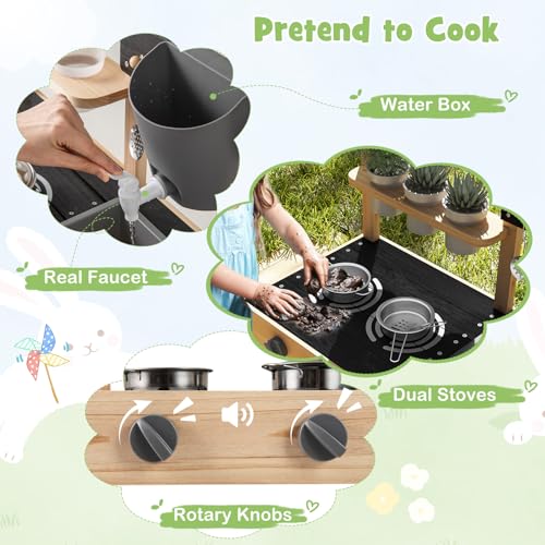 Image of HONEY JOY Mud Kitchen with Wheels, Fir Wood Outside Play Kitchen for Toddlers, Realistic Faucet & Water Tank, Stoves, Sink, Storage Shelf, Planter Cups, Mud Table for Kids Outdoor Backyard