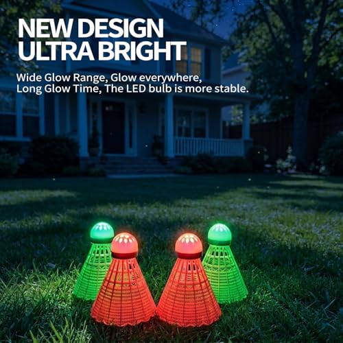 Image of Glow in The Dark Badminton Birdies,LED Badminton Shuttlecocks for Family Backyards Practice,4 /5 /6 PCS Nylon /Goose Feather Long Lasting Light Up Birdie Balls Set for Indoor Outdoor Sports