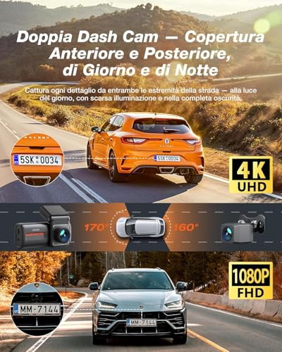 iZEEKER 4K Dash Cam Auto, WiFi 6 Dashcam Auto con Scheda SD 32G, Doppia Dash Cam 4K+1080P, Display IPS da 2,99", APP, Visione Notturna, Sensore G, Registrazione in Loop, Modalità Parcheggio 24H - Immagine 2