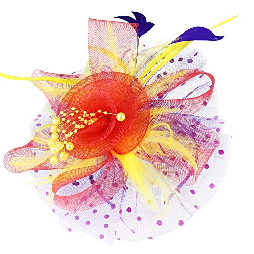 Image of DRESHOW Fascinators Hat Flower Mesh Ribbons Feathers on a Headband and a Clip Tea Party Headwear for Girls and Women