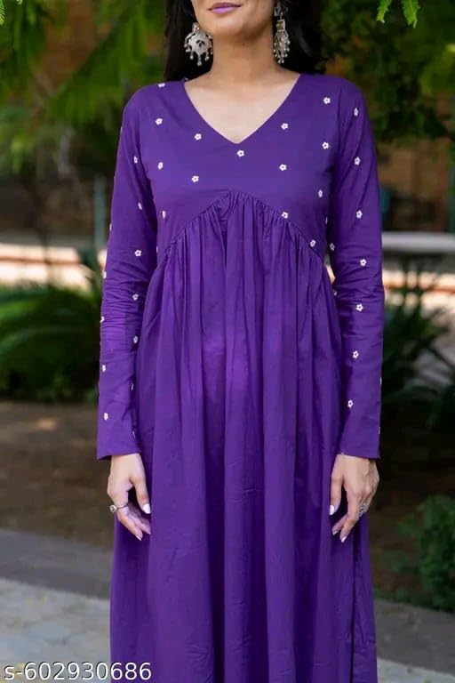 Image of Women's Long Kurta Set with Pant Polka Dots, Embroidered, V-Neck Empire Waist, Full Sleeves