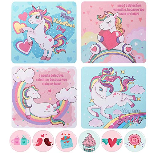 Amosfun 24PCS Valentines Day Unicorn Greeting Cards Valentine Card Kit with 24PCS Envelopes and 24PCS Tin Badges