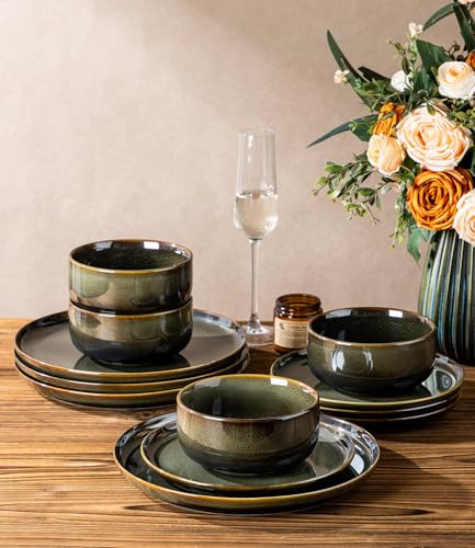 Image of TheTerra Ceramic Dinnerware Sets, Handmade Reactive Glaze Plates and Bowls Set, Scratch Resistant Dish Set, Oven & Microwave & Dishwasher Safe, Sets for 4, Olive Green