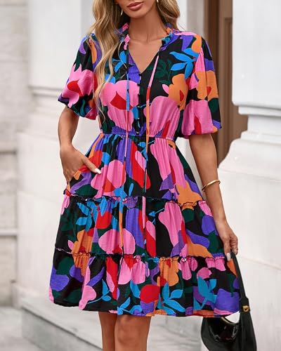Image of BTFBM Women Summer Floral Short Dresses V Neck Short Sleeve Tiered Ruffle Boho Swing Dress A-Line Mini Dresses