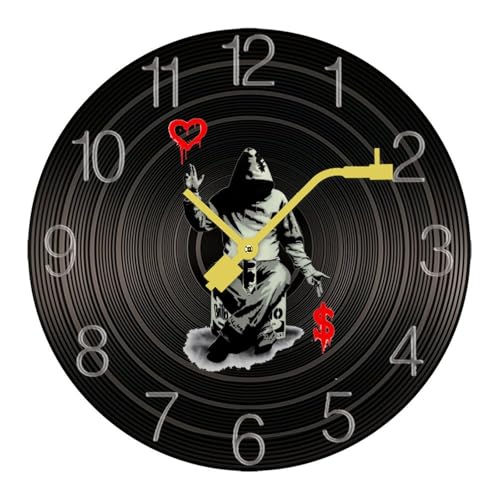 掛け時計 木製レコード Banksy バンクシー ウォールクロック かけ時計 置き時計 インテリア おしゃれ 電池式 飾り 木製 連続秒針 北欧 無音 壁掛け 個性的 大数字 音楽愛好家 直径30cm ギフト
