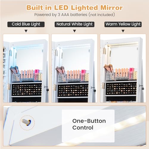 CHARMAID Jewelry Cabinet Armoire with Wheels, 64\" H Full Length Mirror, 3-Color LED Lights, Height Adjustable Shelves, Lockable Standing Jewelry Organizer with Back Storage Shelves (White) - Thumbnail 5