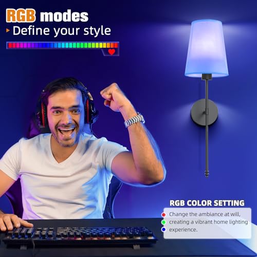 Image of NIORSUN 25.4 inch Battery Operated Wall Sconce Set of 2,Black Rechargeable Wall Lights with 10400mAh Dimmable Detachable Bulbs and Remote,9 Colors Wireless Sconces for Bedroom Living Room Hallway