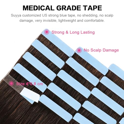 Image of SUYYA Tape In Hair Extensions Human Hair 18 Inch #2 Darkest Brown