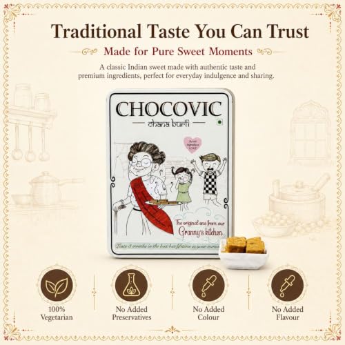 Image of Chocovic Roasted Chana Burfi 800 g Tin Box - Authentic Punjabi Sweet, Traditional Indian Mithai Made with Roasted Chana, Fresh & Delicious Dessert with No Added Preservatives