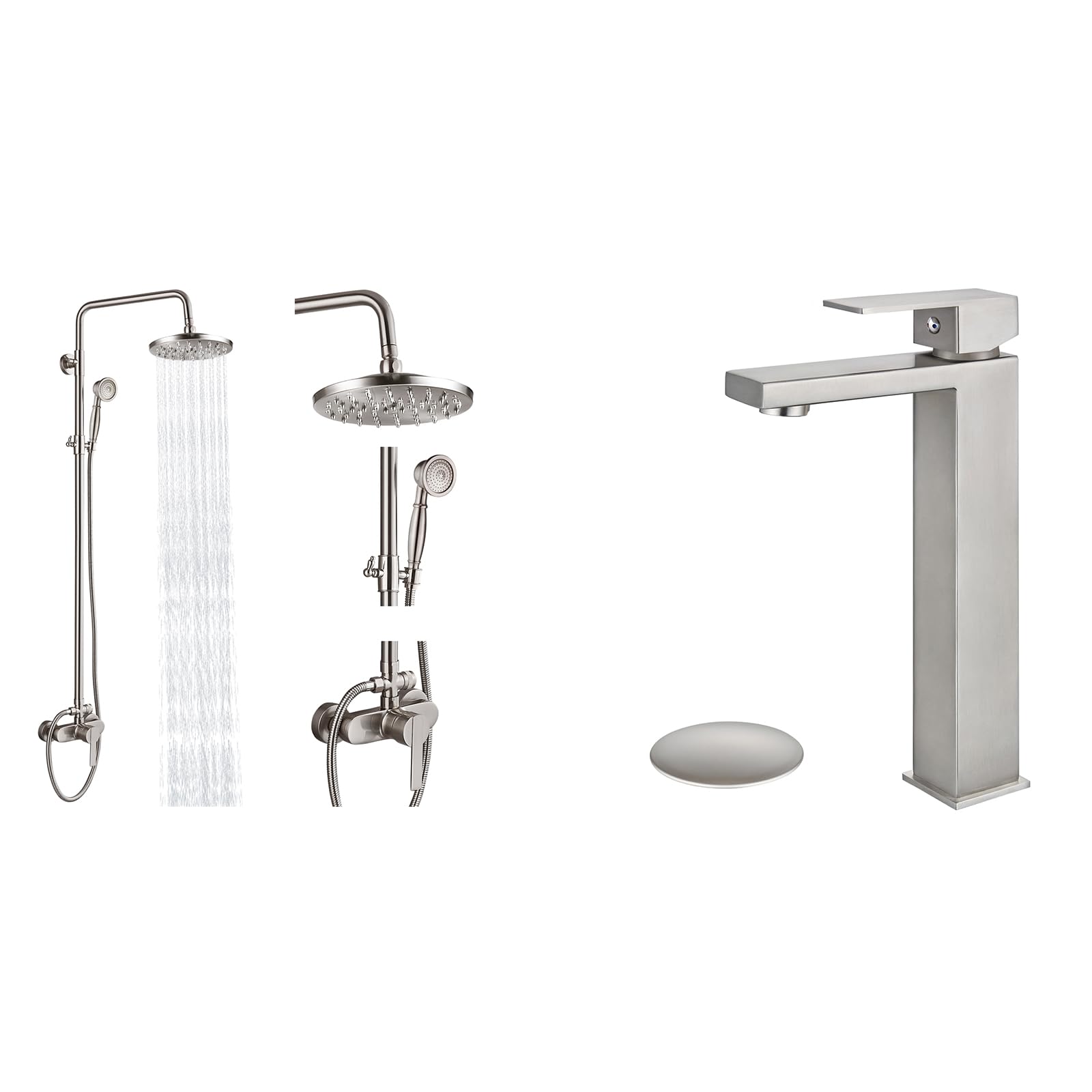 Hcfyauis Exposed Pipe Shower System Brushed Nickel 8 Inch Rainfall Showerhead Shower Faucet With Bathroom Sink Faucet Single Handle Vessel Bowl Tap And Drain